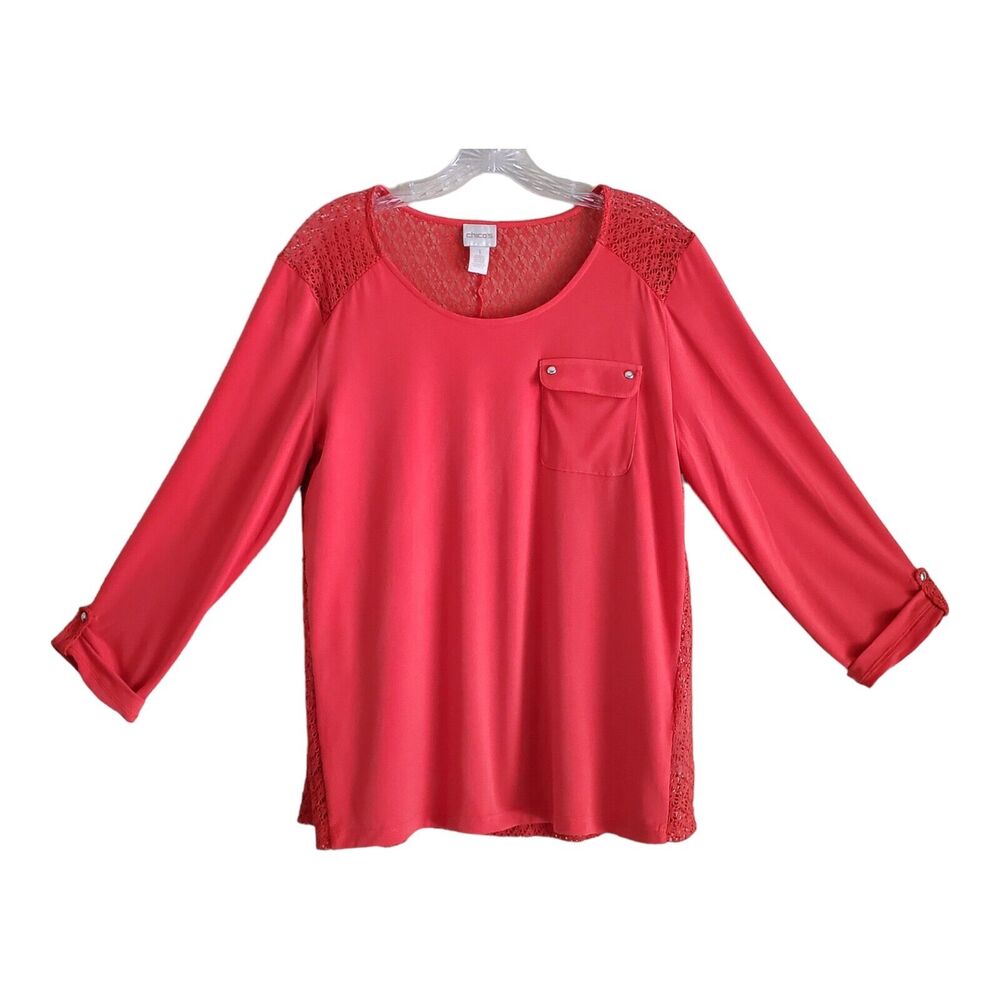 CHICO'S 1 Women's 8 10 Top Orange Crochet Back 3/4 Sleeve Bust 38"